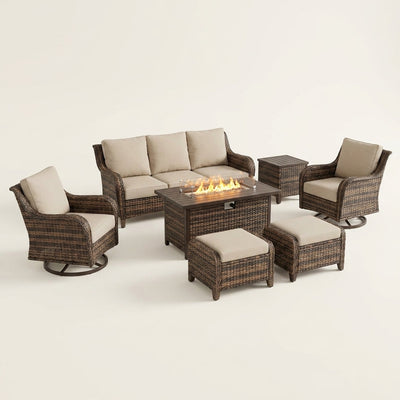 Outdoor Patio Furniture Set Built for Gatherings, Fire Pit Table, Swivel Chairs, 6-Inch Thick Cushions