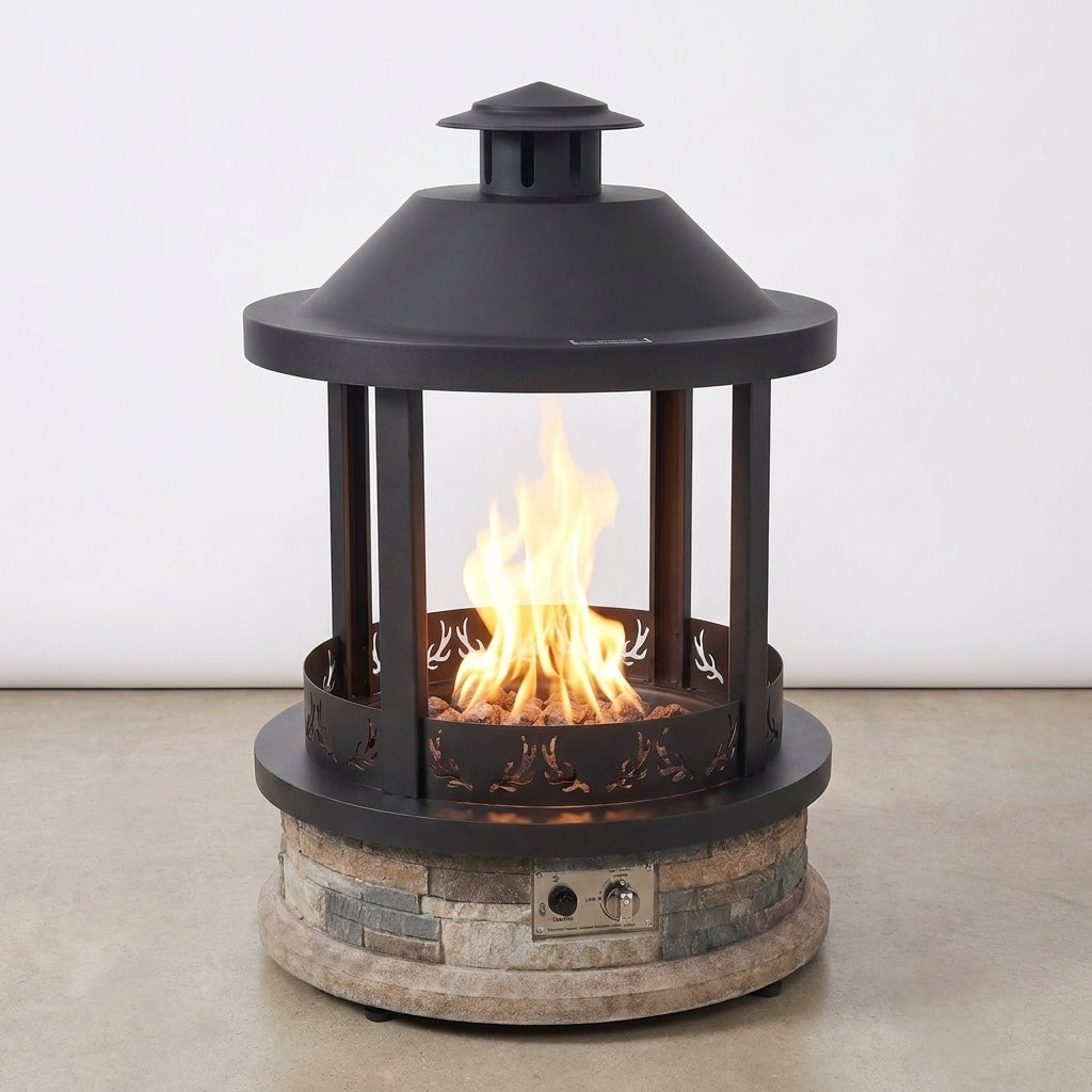 28-Inch Outdoor Propane Fire Pit, 65,000 BTU Lantern Top Patio Gas Fire Pit, Gazabo Gas Fireplace with Faux Stone Base, Lava Rocks, Cover & Pre-Attached 10Ft Propane Hose — Studio Shot