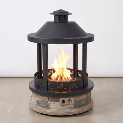 Outdoor Propane Fire Pit Designed for Year-Round Gatherings, 65,000 BTU Heat, 28-Inch Lantern Top, Stone Base