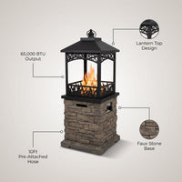 28-Inch Outdoor Propane Fire Pit, 65,000 BTU Lantern Top Patio Gas Fire Pit, Gazabo Gas Fireplace with Faux Stone Base, Lava Rocks, Cover & Pre-Attached 10Ft Propane Hose — infographic