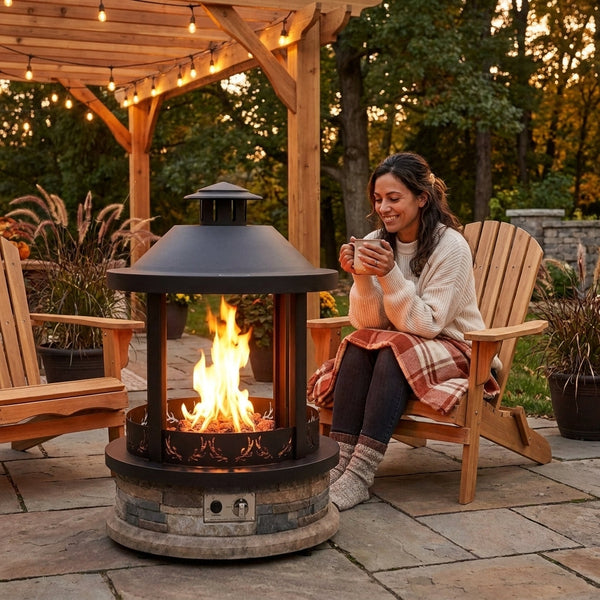 Outdoor Propane Fire Pit Designed for Year-Round Gatherings, 65,000 BTU Heat, 28-Inch Lantern Top, Stone Base