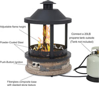 28-Inch Outdoor Propane Fire Pit, 65,000 BTU Lantern Top Patio Gas Fire Pit, Gazabo Gas Fireplace with Faux Stone Base, Lava Rocks, Cover & Pre-Attached 10Ft Propane Hose