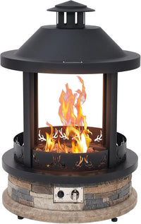 28-Inch Outdoor Propane Fire Pit, 65,000 BTU Lantern Top Patio Gas Fire Pit, Gazabo Gas Fireplace with Faux Stone Base, Lava Rocks, Cover & Pre-Attached 10Ft Propane Hose