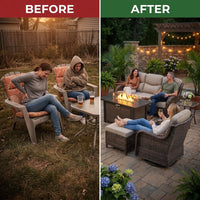 9-Piece Outdoor Patio Furniture Set with Fire Pit Table,Swivel Chairs and 6" Thick Cushions,Sectional Sofa and Ottomans,Patio Conversation Set for Porch Deck Garden Backyard — Before & After