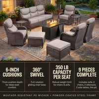 9-Piece Outdoor Patio Furniture Set with Fire Pit Table,Swivel Chairs and 6" Thick Cushions,Sectional Sofa and Ottomans,Patio Conversation Set for Porch Deck Garden Backyard — Results & Stats