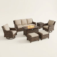 9-Piece Outdoor Patio Furniture Set with Fire Pit Table,Swivel Chairs and 6" Thick Cushions,Sectional Sofa and Ottomans,Patio Conversation Set for Porch Deck Garden Backyard — Studio Shot
