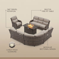 9-Piece Outdoor Patio Furniture Set with Fire Pit Table,Swivel Chairs and 6" Thick Cushions,Sectional Sofa and Ottomans,Patio Conversation Set for Porch Deck Garden Backyard — infographic
