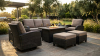 9-Piece Outdoor Patio Furniture Set with Fire Pit Table,Swivel Chairs and 6" Thick Cushions,Sectional Sofa and Ottomans,Patio Conversation Set for Porch Deck Garden Backyard — Lifestyle