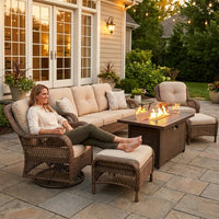 9-Piece Outdoor Patio Furniture Set with Fire Pit Table,Swivel Chairs and 6" Thick Cushions,Sectional Sofa and Ottomans,Patio Conversation Set for Porch Deck Garden Backyard — Lifestyle