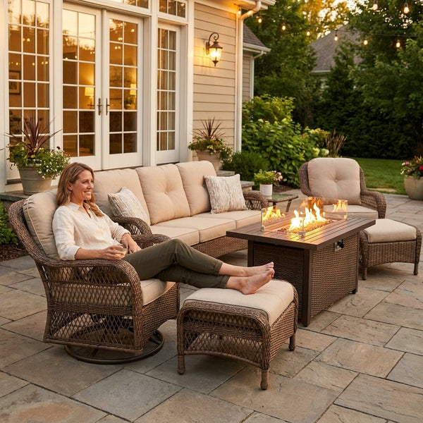 Outdoor Patio Furniture Set Built for Gatherings, Fire Pit Table, Swivel Chairs, 6-Inch Thick Cushions