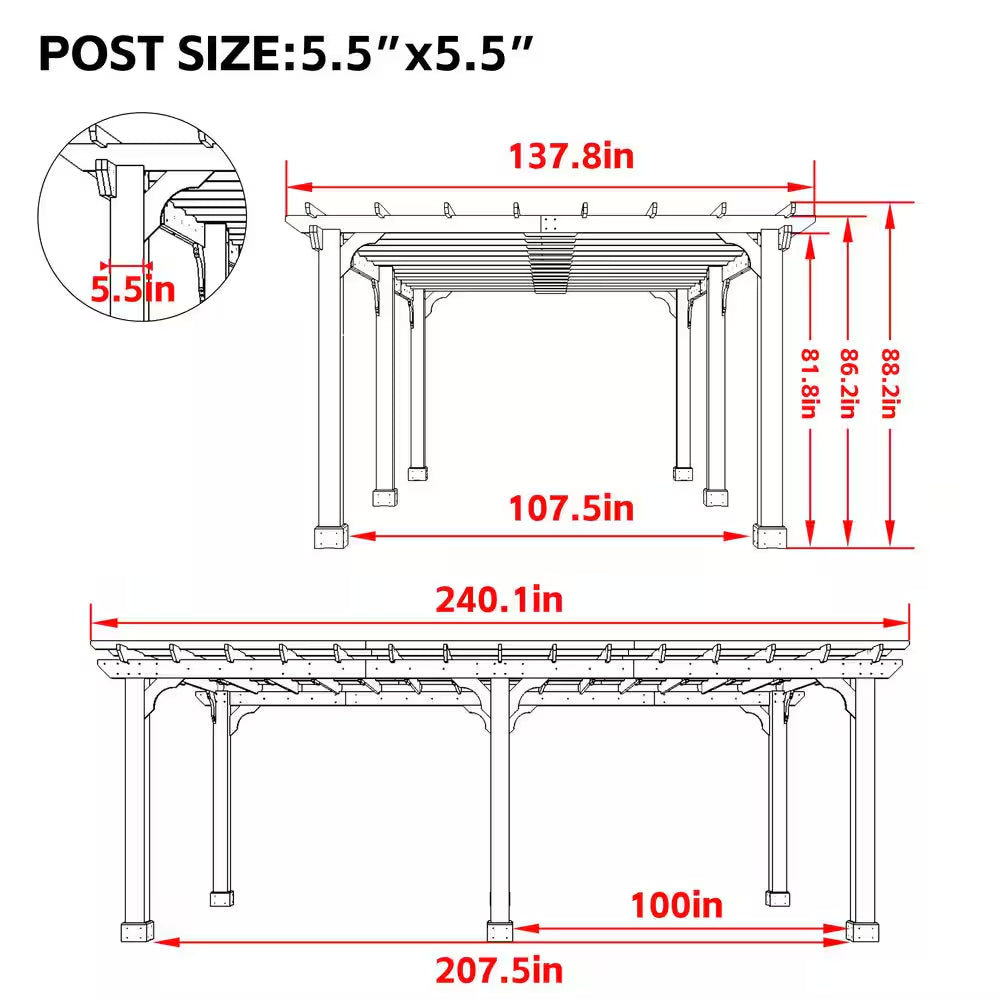 20 Ft. W X 12 Ft. D Cedar Wood Patio Pergola Shade Structure for Outdoor, Brown