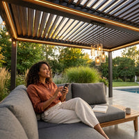 Motorized Louvered Pergola Designed for All-Season Comfort, Adjustable Slats, Weather Protection, Outdoor Living — Lifestyle