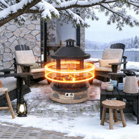 28-Inch Outdoor Propane Fire Pit, 65,000 BTU Lantern Top Patio Gas Fire Pit, Gazabo Gas Fireplace with Faux Stone Base, Lava Rocks, Cover & Pre-Attached 10Ft Propane Hose